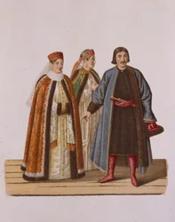 Abbigliamento delle figlie dei boiardi non sposate al tempo di Pietro I. Dalla serie Abbigliamento dei...