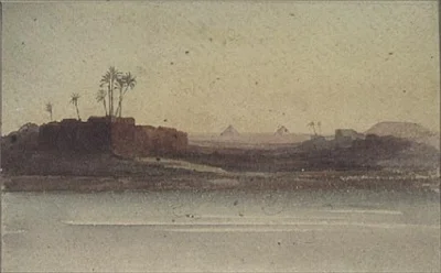 Prima vista delle piramidi dal Nilo vicino al Cairo
