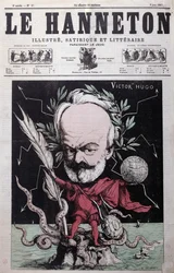 Caricatura di Victor Hugo (1802-85) come Zeus in esilio a Guernsey, dalla copertina di Le Hanneton, giugno 1867