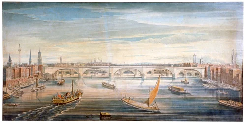 Vista del nuovo ponte di Londra da ovest, con barche e chiatte sul Tamigi, 1831
