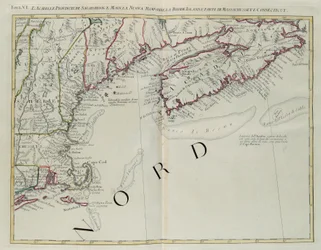 Acadia, le Province di Sagadahoc e Maine, New Hampshire, Rhode Island e parte del Massachusetts e Connecticut, incisione di G. Zuliani tratta dal Tomo I del "Nuovissimo Atlante" pubblicato a Venezia nel 1778 da Antonio Zatta, Collezione Privata