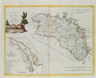 Isola di Minorca e il piano del porto e della città di Mahon e dei suoi Forti, incisione di G. Zuliani tratta dal Tomo I del "Nuovissimo Atlante" pubblicato a Venezia nel 1778 da Antonio Zatta, Collezione Privata