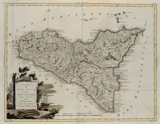 Isola di Sicilia, divisa nelle sue valli, incisione di G. Zuliani tratta dal Tomo II del Nuovissimo Atlante pubblicato a Venezia nel 1782 da Antonio Zatta, Collezione Privata