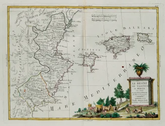 Regni di Valencia e Murcia con le Isole Baleari e Pitiuse, incisione di G. Zuliani tratta dal Tomo I del Nuovissimo Atlante pubblicato a Venezia nel 1775 da Antonio Zatta, Collezione Privata