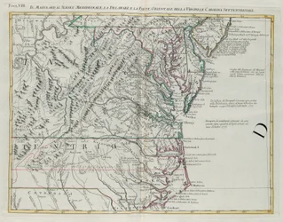 Maryland, sud del New Jersey, Delaware e la parte orientale della Virginia e della Carolina del Nord, incisione di G. Zuliani tratta dal Tomo I del "Novissimo Atlante" pubblicato a Venezia nel 1778 da Antonio Zatta, Collezione Privata