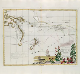 Nuove scoperte fatte nel 1775, 67 e 69 nei Mari del Sud, incisione di G. Zuliani tratta dal Tomo I del Nuovo Atlante pubblicato a Venezia nel 1776 da Antonio Zatta, Collezione Privata