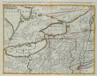 Pennsylvania, New York, sud del New Jersey, con la parte occidentale del Connecticut, Massachusetts Bay e Terra degli Irochesi, incisione di G. Zuliani tratta dal Tomo I del "Nuovissimo Atlante" pubblicato a Venezia nel 1778 da Antonio Zatta, Collezione Pr