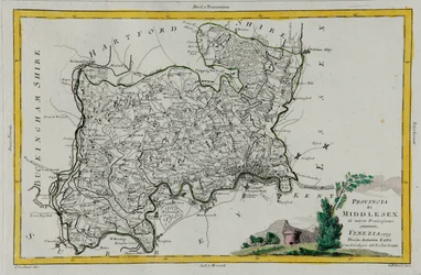 Provincia del Middlesex, incisione di G. Zuliani tratta dal Tomo I del "Novissimo Atlante" pubblicato a Venezia nel 1779 da Antonio Zatta, Collezione Privata