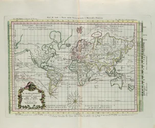 Mappa del mondo e una descrizione generale del globo, ridotta a immagine, incisione di G. Zuliani tratta dal Tomo I del "Nuovissimo Atlante" pubblicato a Venezia nel 1774 da Antonio Zatta