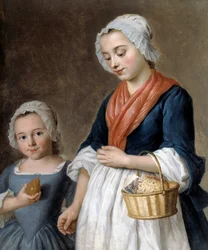 Bambina che guida in classe. Una madre tiene il gusto della sua piccola figlia in un cesto. (dettaglio)