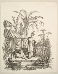 Un uomo cinese seduto e una donna che porta un pesce, ca. 1742