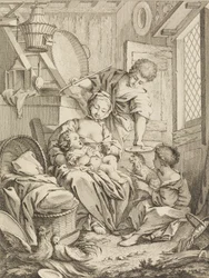 Tavola 1: Giovane donna che allatta il suo bambino, da Premier Livre de Sujets et Pastorales Fi..., 1720-72