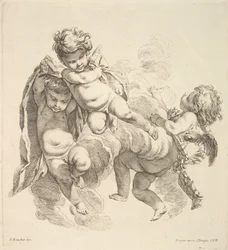 Tre bambini tra le nuvole che portano un drappo, 1738-45