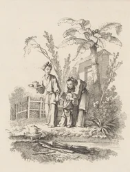 Due Donne che Conducono un Bambino verso una Teiera su un Tavolo vicino a uno Stagno, ca. 1742