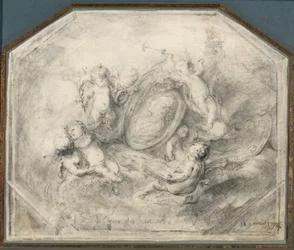 Medaglione ritratto di Re Luigi XV circondato da putti che portano gli attributi della fama e della storia