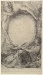 Cornice allegorica con un genio e una donna velata che scrive