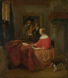 Una donna seduta a un tavolo e un uomo che accorda un violino, c. 1657-1658