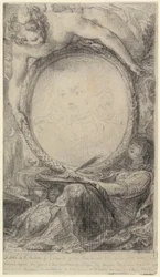 Cornice allegorica con un genio e una donna velata che scrive, 1769 circa (gesso nero su carta)