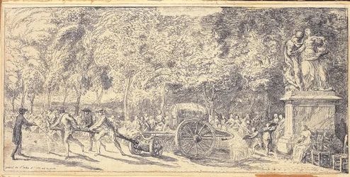 Figure che tirano una botte su un carrello nei Giardini delle Tuileries, 1760