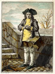Vecchi mestieri: il lustrascarpe. Incisione di Gabriel de Saint Aubin