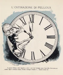 Vignetta del Presidente del Consiglio dei Ministri italiano Luigi Pelloux (1839-1924) che cerca con ogni mezzo di trattenere l