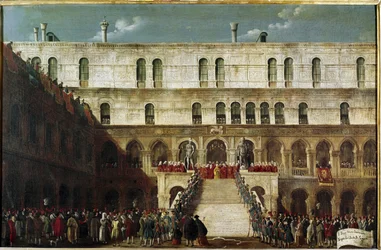 Insediamento del doge sulla Scala dei Giganti (Incoronazione del doge sulla Scala dei Giganti a Venezia). Venezia, Fondazione Querini Stampalia