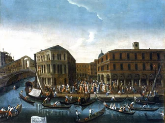 Passaggio dei rappresentanti della città al Rialto. Dipinto di Gabriel Bella. Seconda metà del XVIII secolo. Galleria Querini Stampalia, Venezia (?).