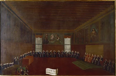 Vista della sala della Quarantena Criminale, Corte Suprema o Consiglio dei Quaranta. Dipinto di Gabriele Bella, XVIII secolo. Venezia, Fondazione Querini Stampalia