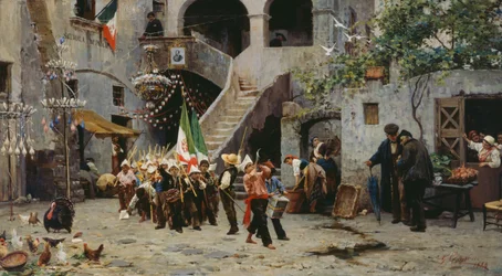 Viva il re, processione di bambini con bandiera italiana