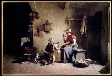Alimentazione di un bambino. Dipinto di Gaetano Chierici (1838-1921). Olio su tela. Collezione privata.