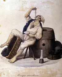 Napoletano che mangia maccheroni. Litografia di Dura