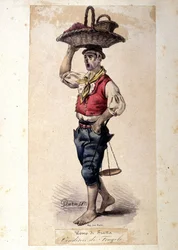 Piccolo mestiere napoletano: il venditore di fragole. Litografia di G. Dura