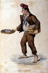 Piccoli mestieri di Napoli: il venditore di pesce (pescivendolo). Litografia di F. Dura