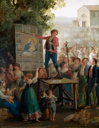 Un artista di strada canta i miracoli della Vergine alla festa della Madonna dell