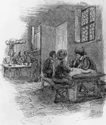 Renzo, Tonio e Gervase alla locanda, Capitolo VII, illustrazione di Gaetano Previati (1852-1920) per I Promessi Sposi, romanzo storico di Alessandro Manzoni (1785-1873)
