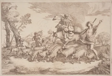 Un viaggio pastorale con un bambino in un cesto a cavallo