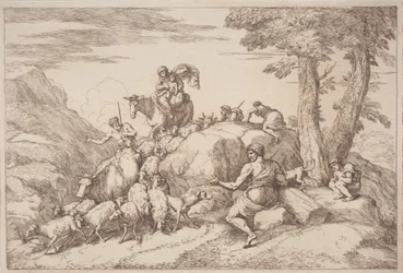 Un viaggio pastorale con una madre e un bambino a cavallo e un anziano pastore seduto