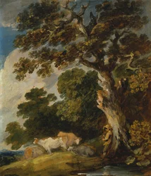Paesaggio boscoso con bovini e mandriani