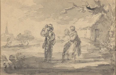 Paesaggio con tre figure, cottage e guglia della chiesa
