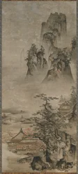 Paesaggio: montagne, ruscello e case