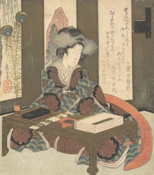 Una signora che sta per scrivere una poesia