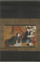 Due geisha che leggono da un libro, periodo Edo