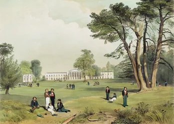 Scuola e cappella dei dissidenti protestanti, Mill Hill, Middlesex, disegnata dal vero da D. Fowler c.1830