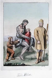 Una coppia Chukchi con i loro figli, illustrazione da 