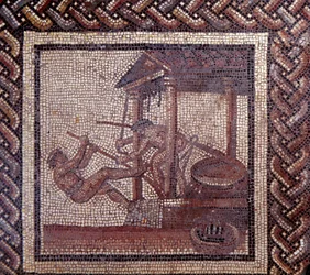 Arte gallo-romana: pavimentazione a mosaico che rappresenta un calendario rustico. Una pressa per olio. Fine II, inizio III secolo d.C. Da Saint-Romain-en-Gal (Rodano). Saint Germain en Laye, Museo Nazionale di Archeologia