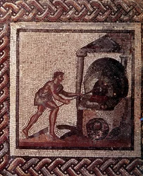 Arte gallo-romana: pavimento a mosaico raffigurante un calendario rurale. Scena della preparazione del pane. Fine del II, inizio del III secolo d.C. Da Saint-Romain-en-Gal (Rodano). Saint-Germain-en-Laye, Museo nazionale di archeologia
