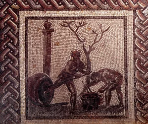Arte gallo-romana: pavimentazione a mosaico rappresentante un calendario rustico. Scena di giara. Fine II, inizio III secolo d.C.