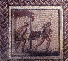 Arte gallo-romana: pavimento a mosaico raffigurante un calendario rurale. Scena di trasporto del letame. Fine del II, inizio del III secolo d.C. Da Saint-Romain-en-Gal (Saint Romain en Gal, Rodano). Saint-Germain-en-Laye, Museo nazionale di archeologia