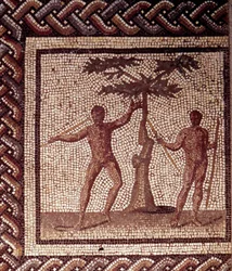 Arte gallo-romana: pavimento a mosaico raffigurante un calendario rurale. Festa dei mietitori. Fine del II, inizio del III secolo d.C. Da Saint-Romain-en-Gal (Rodano). Saint-Germain-en-Laye, Museo nazionale di archeologia
