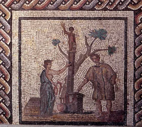 Arte gallo-romana: pavimentazione a mosaico rappresentante un calendario rustico. Scena di sacrificio a Cerere e Apollo. Fine II, inizio III secolo d.C.
